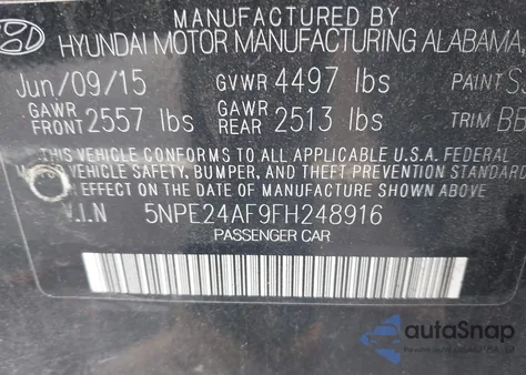 2015 Hyundai Sonata Se z USA, uszkodzony, nr VIN 5NPE24AF9FH248916